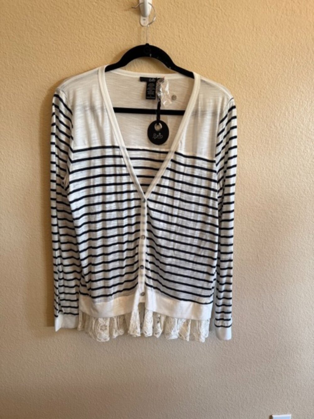 NWT Rain Lightweight Button Up Striped Cardigan with Lace Size L